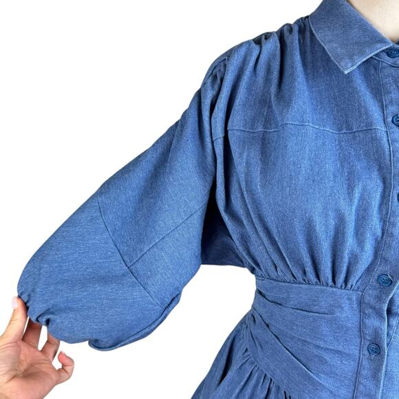 Petal + Pup Francis Denim Gathered Balloon Sleeve Tiered Flare Mini Dress - Picture 10 of 16